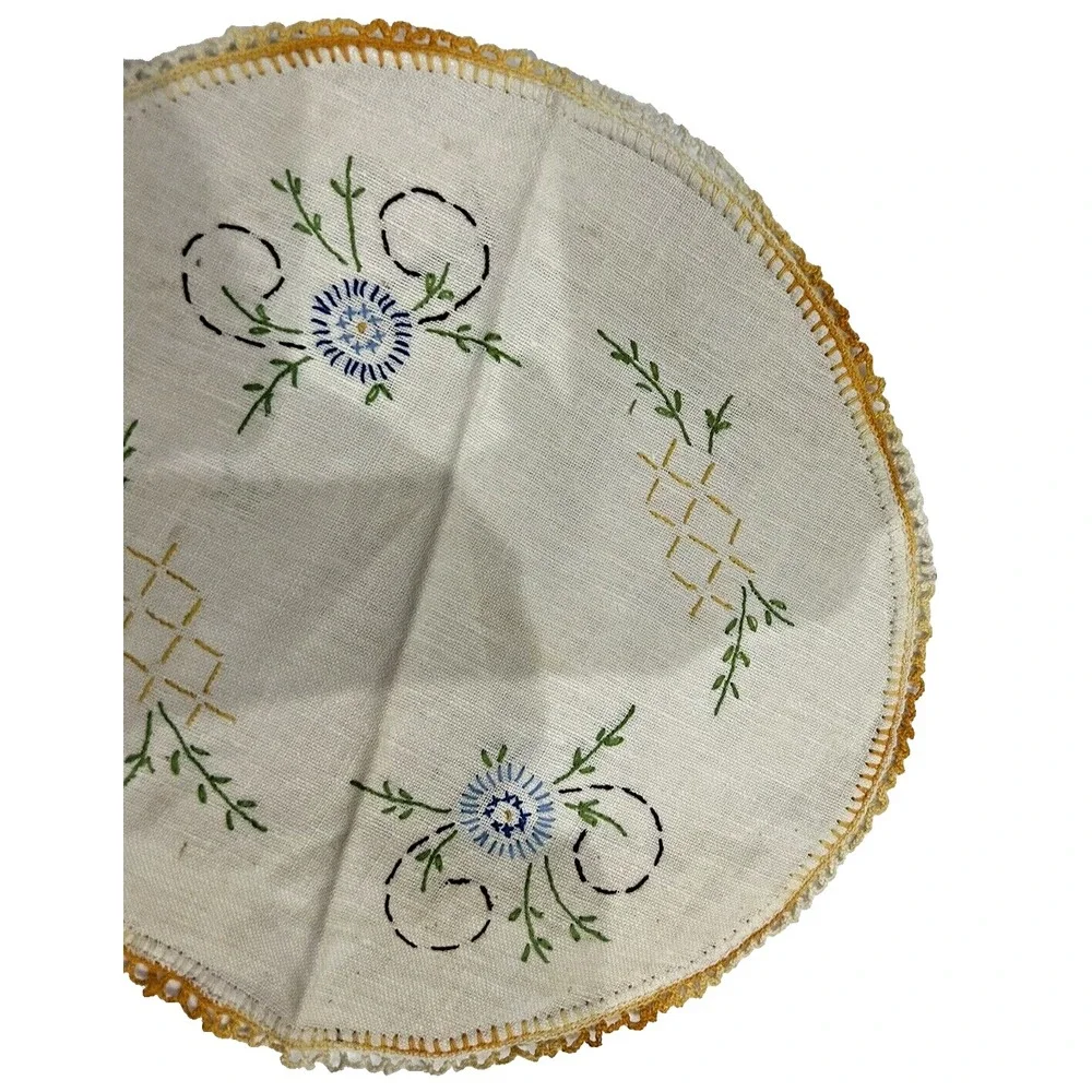 Vintage Embroidered‎ Linen Cross Stitch Blue Flowers Laced Edge Cottagecore